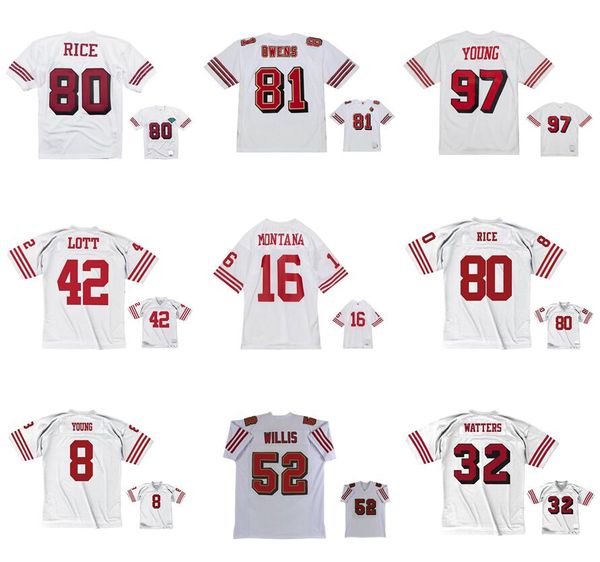 Jerseys de football cousus Jerry Rice Terrell Owens Joe Montana Deion Sanders Steve Young Patrick Willis Watters Taylor Ronnie Lott Mesh Legacy Retired Jersey White