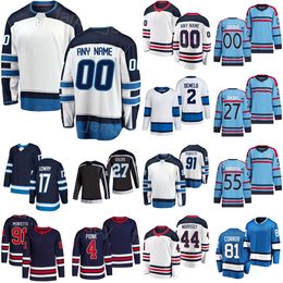 Hockey cousu 27 Nikolaj Ehlers Jersey 17 Adam Lowry 4 Neal Pionk 91 Cole Perfetti 2 Dylan DeMelo 81 Kyle Connor 44 Josh Morrissey 55 Mark Scheifele Homme Femme Jeunesse