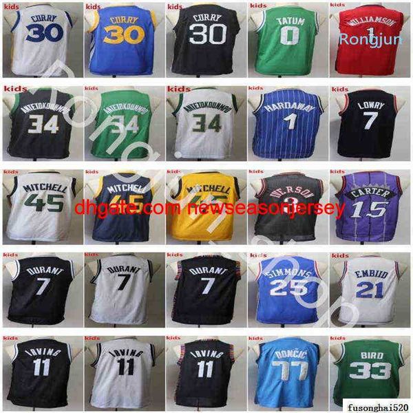 cousu Mens Youth Basketball Donovan Mitchell Bird Vince Carter Kyrie Irving Allen Iverson Stephen Curry Giannis Antetokounmpo Joel Embiid Simmons Enfants Maillots