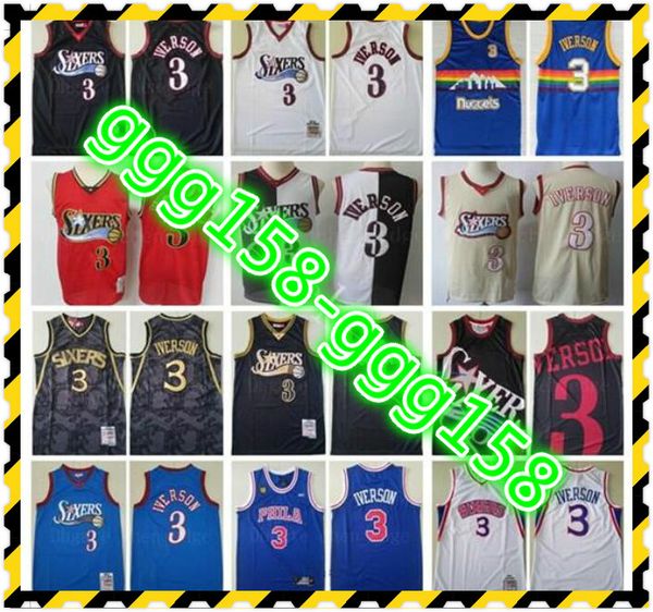 Cousu Mesh Vintage Mode Hommes Allen 3 Iverson Basketball Maillots Bleu Blanc Rouge Noir Collège Chemise