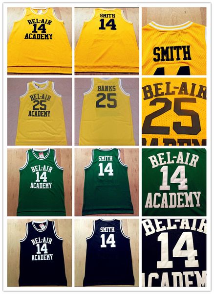 Film cousu The Fresh Prince of Bel-Air # 14 Will Smith Academy 25 Carlton Banks Maillot de basket-ball noir vert jaune brodé cousu