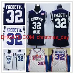 Cousu NCAA Brigham Young Cougars Jimmer Fredette College Maillots de basket-ball Bleu marine Blanc # 32 Jimmer Fredette Chemises Jersey