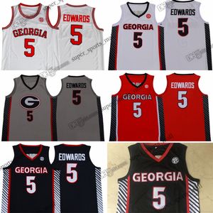 Gestikt NCAA Georgia Anthony 5 Edwards Basketball Jerseys College #5 Red White Gray gestikte trui shirts aangepaste mannen jeugdvrouwen