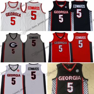 Cousue NCAA Georgia Anthony 5 Edwards Basketball Jerseys College # 5 Shirts en jersey cousu gris rouge