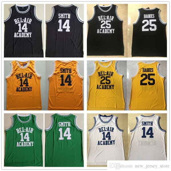 Cousu NCAA Mens The Fresh Prince of Bel-Air Basketball Jerseys College # 14 Will Smith Academy Jersey 25 Carlton Banks Shirts Jaune Noir Blanc Vert