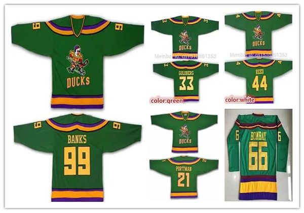 Vintage cousu Anaheim Mighty Ducks Film 33 Greg Goldberg 44 Fulton Reed 99 Adam Banks 21 Dean Portman 66 Bombay 9 Kariya Jerseys Vert