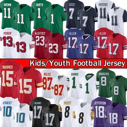 Gestikt voetbalshirt voor kinderen Micah Parsons Trevon Diggs CeeDee Lamb Jalen Hurts Brown DeVonta Smith Christian McCaffrey Brock Purdy Patrick Mahomes Adams