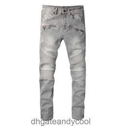Costuras Denim Amirres rodilla Jeans Pantalones de diseñador gris Hombre nuevos jeans rasgados con cremallera ahumados pantalones de motocicleta delgados desgastados personalizados para hombres R7L5