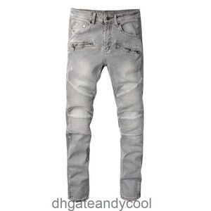 stiksels Denim Amirres knie Jeans Designer Broek grijs Man nieuwe rokerige rits gescheurde jeans heren gepersonaliseerde versleten slanke motorbroek R7L5