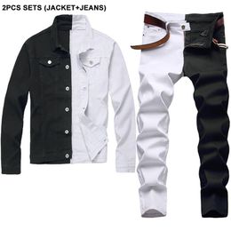 Couture à deux couleurs de survêtement automne et noir pour hommes à manches longues en denim correspondant à un jean stretch mince à deux pièces266o