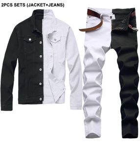 Couture à deux couleurs survêtement d'automne blanc et noir Men039S sets à manches longues en denim correspondant à un jean stretch mince twopiec3501702