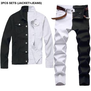 Survêtement deux couleurs pour hommes, ensembles d'automne blanc et noir, veste en jean à manches longues, jean Slim extensible assorti, Two-piec234b
