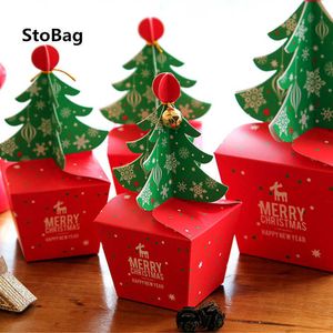 Stobag 10 stks Kerstboom Rode Papier Doos Snoep Chocolade Pakket Levert Cake Decorating DIY Handgemaakte Party Food Cookies 210602