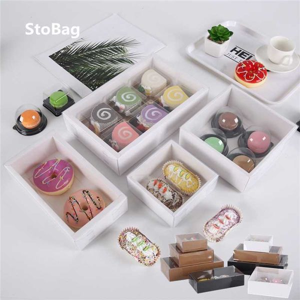 StoBag, 10 Uds., caja de papel para comida y pastel de galletas, caja de cartón con cubierta transparente, Donut, Chocolate, caja de regalo de cumpleaños para eventos, fiestas, favores 210602