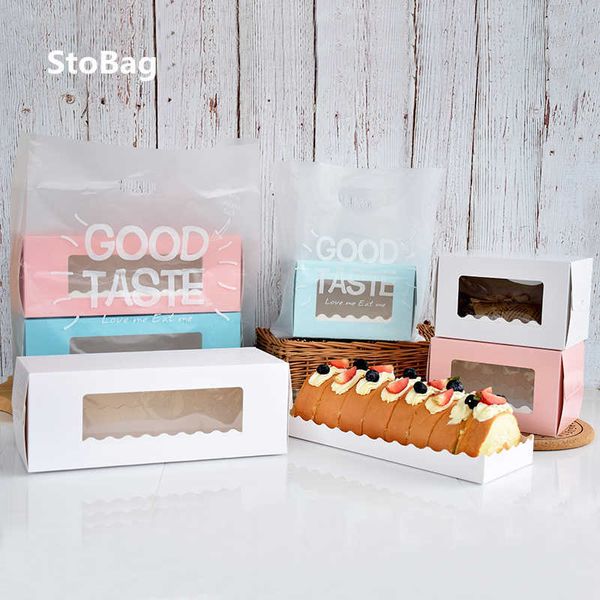 StoBag, 10 Uds., patrón de diamantes con ventana, caja de regalo de papel y bandeja, suministros de decoración de pasteles, rosa/azul/blanco, evento, fiesta, boda 210602