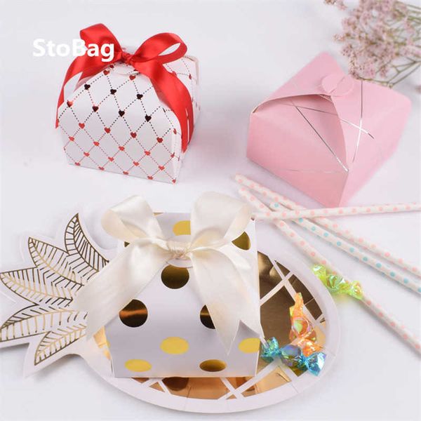 StoBag 10 unids Oro / Corazón Caja de dulces de boda Bocadillos de chocolate Embalaje Favor de matrimonio Galletas Baby Show Suministros de fiesta de cumpleaños 210602