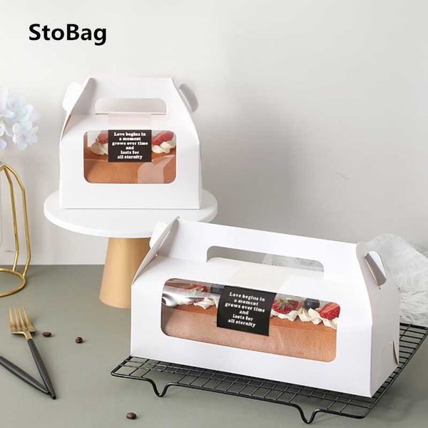 StoBag 10 pcs Poignée Gâteau Boîtes D'emballage Serviette Rouleau Swiss Roll Fête D'anniversaire Farvor Handmake Cadeau Avec Fenêtre Transparente 210602