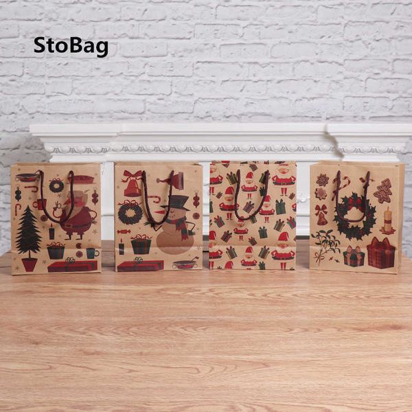 StoBag 10pcs Kraft poignée sacs en papier à la main bonbons chocolat biscuit paquet événement de Noël fête sac fourre-tout année cadeau 210602