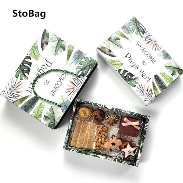 Stobag 10pcs / lot vert / rose emballage cadeau boîte / sac bébé douche fête biscuits collations nougat décoration pack faveur 210602