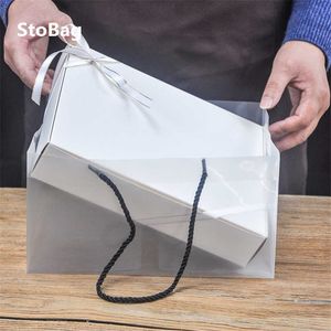 Stobag 10 stks Dank White Box Goud / Transparante Protable Tassen Bruiloft Verjaardag Celebrate Gift Packaging Theme Party Bakken Cookies 210602