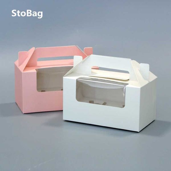 StoBag 10 pcs Blanc/Rose/Bleu Poignée Cupcake Boîte Fête D'anniversaireGâteau À La Main Emballage Cadeau Soutien Baby Shower Décoration De Mariage 210602