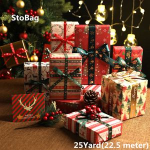 StoBag 25Yards Joyeux Noël Couleur Décoration Ruban DIY Bonbons À La Main Décoration De Noël Enfant Cadeau Boîte Paquet Papier 210602