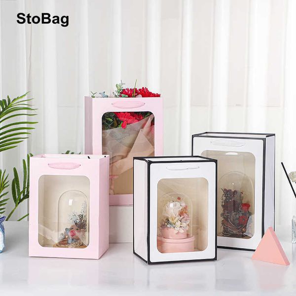 Stobag 6pcs / lot cadeau de fleur emballage épaissir poignée sac anniversaire de mariage spécialement sac à main avec fenêtre transparente 210602