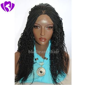 Stock negro Micro trenzado peluca frontal de encaje sintético para África caja americana trenzas pelucas de mujer de alta temperatura