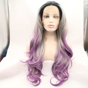 Stock vague de corps ombre avant de lacet perruque sans colle trois tons gris / violet perruque synthétique résistant à la chaleur cheveux longs femmes perruques naturelles