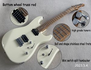 STOCK! Guitare électrique finition blanc crème, manche en érable rôti et incrustation de points de touche, mini interrupteur fendu, extrémité sphérique, frettes en acier inoxydable