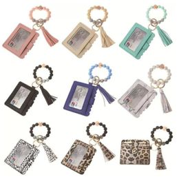 Voorraad Mode PU Lederen Armband Portemonnee Sleutelhanger Kwasten Bangle Sleutelhanger Houder Card Bag Siliconen Kralen Polsbandje Sleutelhangers Handtas FY3399