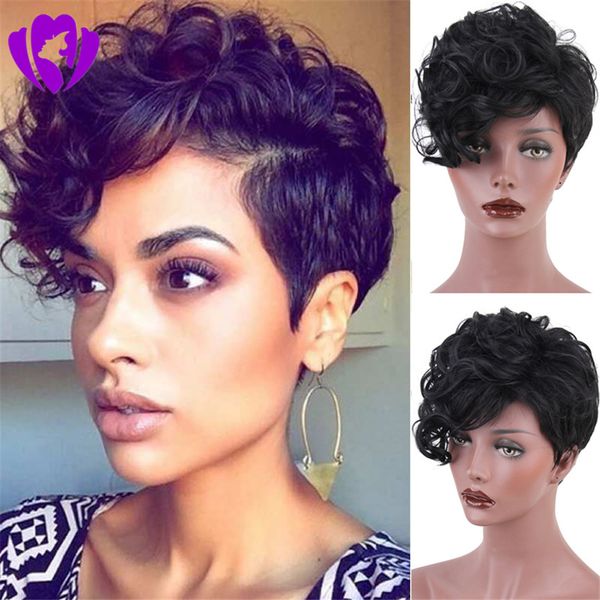 Stock expédition rapide cheveux bouclés brésiliens simulation courte perruques de cheveux humains pour les femmes noires perruques synthétiques couleur perruque noire