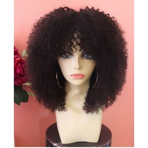 Stock Expédition rapide Short Afro Kinky Curly Synthetic Front Wig for Africa Women Brésilien Lace Frontal Wig avec une frange