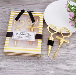 ¡Existencias! Gold Wine Opener Stopper Love Set Caja de regalo Elegante en forma de corazón Abrebotellas Sacacorchos Champagne Valentines Boda Recuerdo Regalos Favor de fiesta