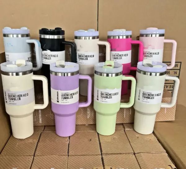 Stock H2.0 40 oz Vasos de acero inoxidable Tazas con mango de silicona Tapa y tazas de coche de viaje de paja Sigue bebiendo botellas de agua fría G0205