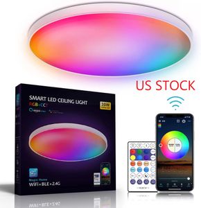 Bouillon in Amerikaanse LED-plafondverlichting PLOSS Mount 12inch 30W Smart plafondlampen RGB Kleur Verandering Bluetooth WiFi App Control 2700K-6500K Dimmable Sync