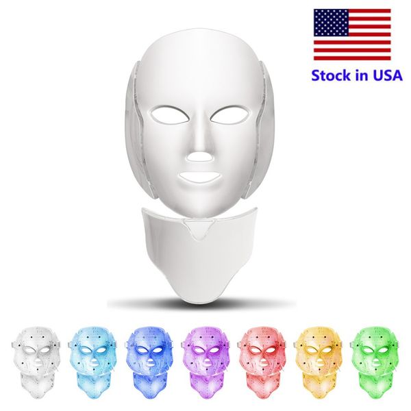 Stock aux États-Unis 7 couleurs LED masque facial avec cou rajeunissement de la peau traitement des soins du visage beauté anti-acné thérapie instrument de blanchiment