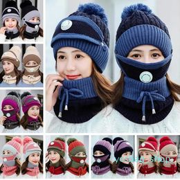 Stock tricoté chapeaux masques écharpe ensemble bonnets avec valve maks écharpe hiver laine pompon chapeau décontracté ensembles chapeaux de fête foulards fournitures