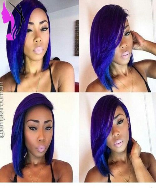 Stock naturel look deux tons ombre perruques courtes pour les femmes couleur bleue dentelle avant bob perruque chaleur cheveux synthétiques 5271002