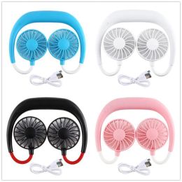 Stock Party Favor Hand Free Fan Sports Portable USB Rechargeable Dual Mini Air Cooler Summer Neck Hanging Fan