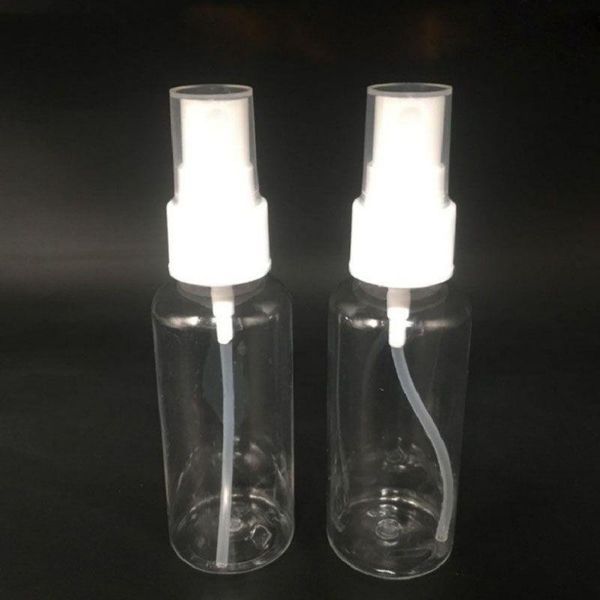 Stock mascota transparente 50 ml de botellas de perfume vacías botella de plástico recargable portátil para viajar con mistor de atomizador de venta caliente en el mercado ajoov