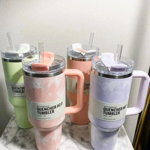 Stock extincteur 40oz Tie à tumbler dye Bleu bleu rose rose poignée couvercle paille à bière de bière bouteille d'eau en poudre en poudre en extérieur tasse de camping 0414