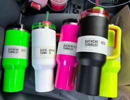 Rose néon électrique rose 40oz Tumbler jaune orange extincteur vert néon h2.0 gobelets en acier inoxydable gobeurs mange du couvercle et de la paille rose rouge rose bleu tasses de voiture