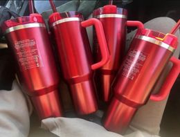 SUS STOCK met logo Holiday Red Co bran ded Winter Pink Shimmery LIMITED EDITION 40 oz Tumblers 40oz Mokken Handvat Deksel Stro Waterfles Valentijnsdag Cadeau G0224