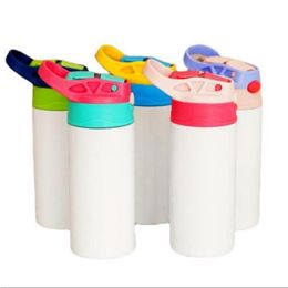 Stock Sublimation Mugs Blanks Kids Tumbler Biberon Gobelets 12 OZ Bouteille d'eau blanche avec paille et couvercle portable 5 couvercles de couleur Pri Qwau