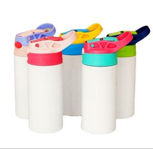 Stock Sublimation Mugs Blanks Kids Tumbler Biberon Gobelets Sippy 12 OZ Bouteille d'eau blanche avec paille et couvercle portable 5 couvercles de couleur imprimés