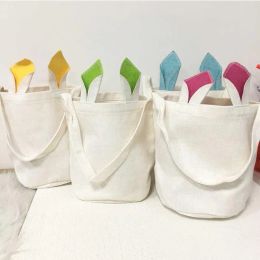 Stock sublimación Orejas de conejo cesta fiesta lino Pascua conejito cubo caramelo regalo bolsa de almacenamiento con asa