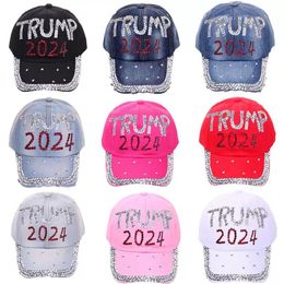 Stock Trump 2024 Diamonds Denim Sun Hat Casual Diamond Baseball Cap Athleisure Sombrero de algodón ajustable RRC605