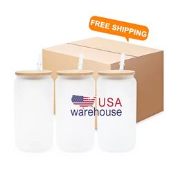 Voorraad US 16oz sublimatie glazen bierpullen met bamboe deksel stro DIY Blanks Frosted Clear Can Shaped Tumblers Cups Heat Transfer Tail Iced Coffee Frisdrankglazen es