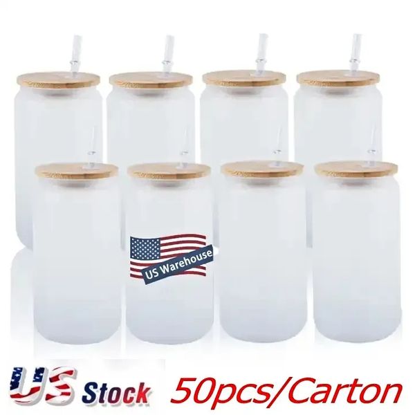 STOCK US 16oz Tazas de cerveza de vidrio de sublimación con tapa de bambú Vasos de paja DIY Blanks Frosted Clear Can Tazas Transferencia de calor Cola Café helado Whisky Bb0209